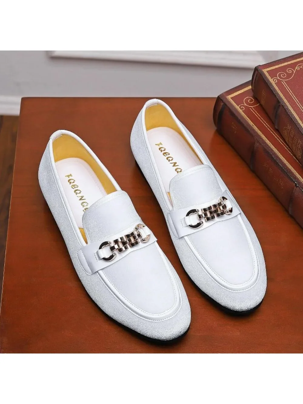 Men's White Velvet Gold Horse Bit Classic Loafer Slip On Casual Dress Shoes